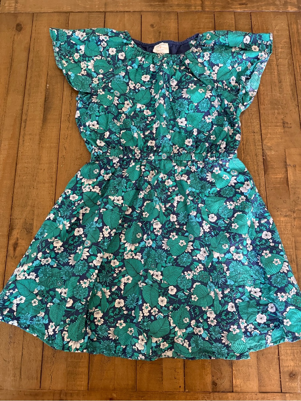 Crewcuts Teal and Navy Floral Flutter-Sleeve Dress